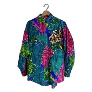 Vtg Adam Douglass Shirt ladies S Multicolor Silk Jaguar Animal Print 90s retro